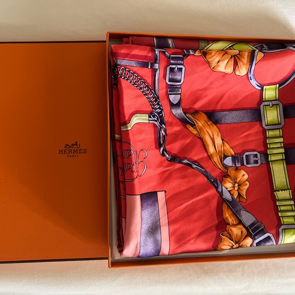 Authentic Hermès Silk Scarf with Red and Orange Design